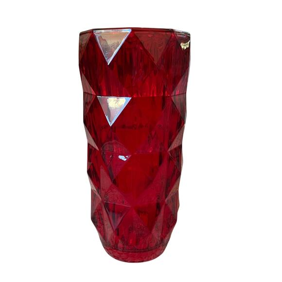 Ruby Red Heavy Glass Vase 11in Geometric Christmas Holiday Valentine NEW - Picture 13 of 14